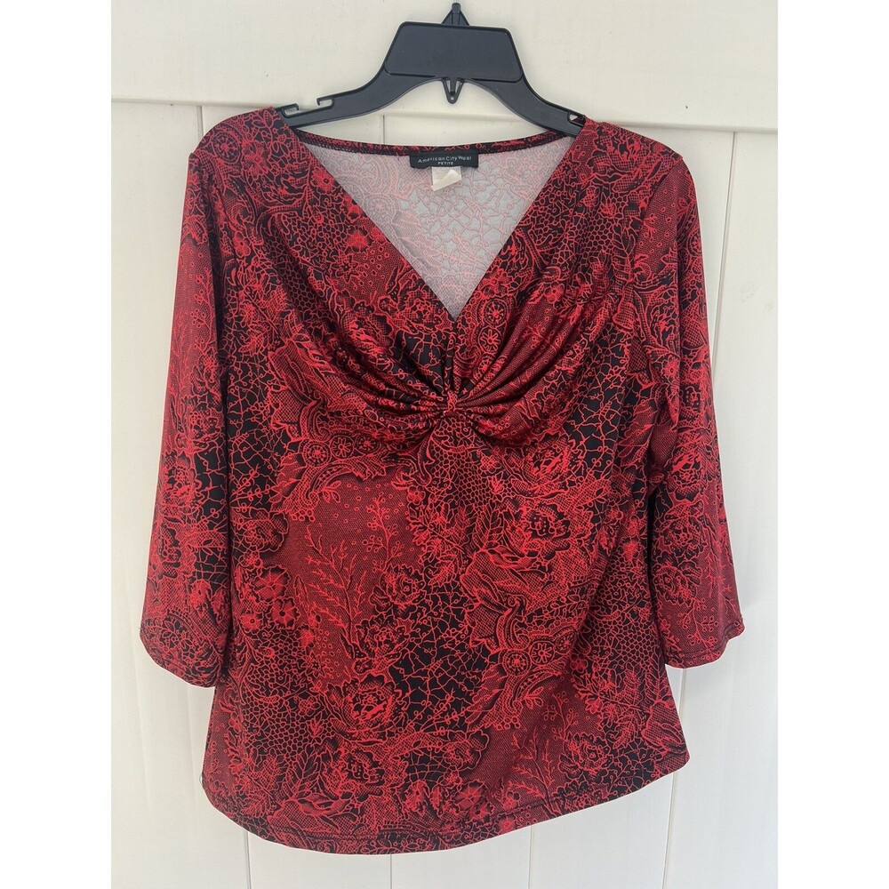 American City Wear Womens Petite XL Floral Top Red Stretchy Vintage